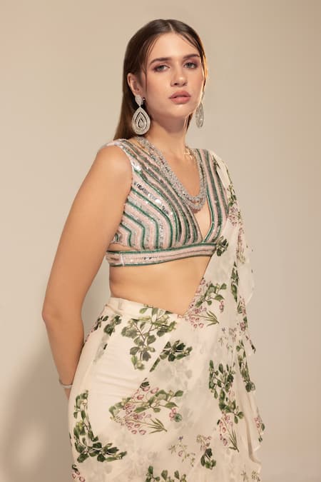 SAKSHI GIRRI Ivory Georgette Sequins, Beads, Stones Botanical Print Ruffle Pre-stitched Saree at Aza Fashions SAKSHI GIRRI_Ivory Georgette Sequins, Beads, Stones Botanical Print Ruffle Pre-stitched Saree_at_Aza_Fashions