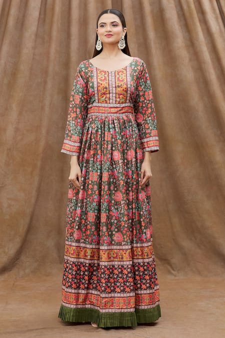 Samyukta Singhania Green Net Sequins, Embroidery Round Neck Printed Anarkali With Dupatta Online at Aza Fashions Samyukta Singhania_Green Net Sequins, Embroidery Round Neck Printed Anarkali With Dupatta_Online_at_Aza_Fashions