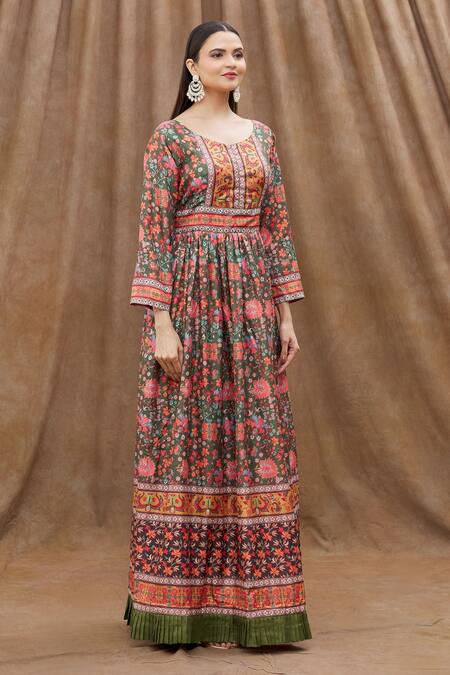 Shop Samyukta Singhania Green Net Sequins, Embroidery Round Neck Printed Anarkali With Dupatta Online at Aza Fashions Shop_Samyukta Singhania_Green Net Sequins, Embroidery Round Neck Printed Anarkali With Dupatta_Online_at_Aza_Fashions