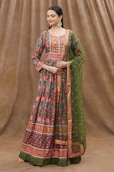 Samyukta Singhania Green Net Sequins, Embroidery Round Neck Printed Anarkali With Dupatta at Aza Fashions Samyukta Singhania_Green Net Sequins, Embroidery Round Neck Printed Anarkali With Dupatta_at_Aza_Fashions