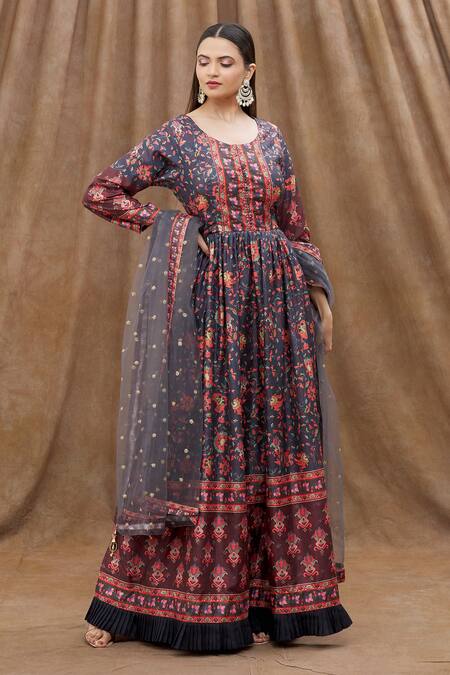 Shop_Samyukta Singhania_Blue Denim, Net Sequins, Embroidery Round Neck Digital Print Anarkali Set _Online_at_Aza_Fashions