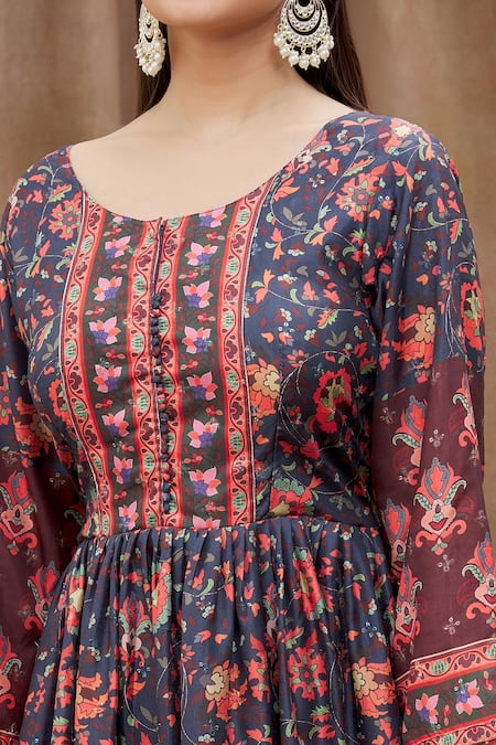 Samyukta Singhania_Blue Denim, Net Sequins, Embroidery Round Neck Digital Print Anarkali Set _at_Aza_Fashions