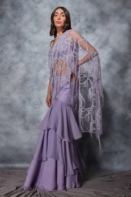 Saaj By Ankita_Purple Silk, Chiffon Sequins, Beads V-neck Layered Mermaid Cut Lehenga Saree Set _Online_at_Aza_Fashions