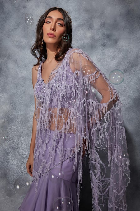 Buy_Saaj By Ankita_Purple Silk, Chiffon Sequins, Beads V-neck Layered Mermaid Cut Lehenga Saree Set _Online_at_Aza_Fashions