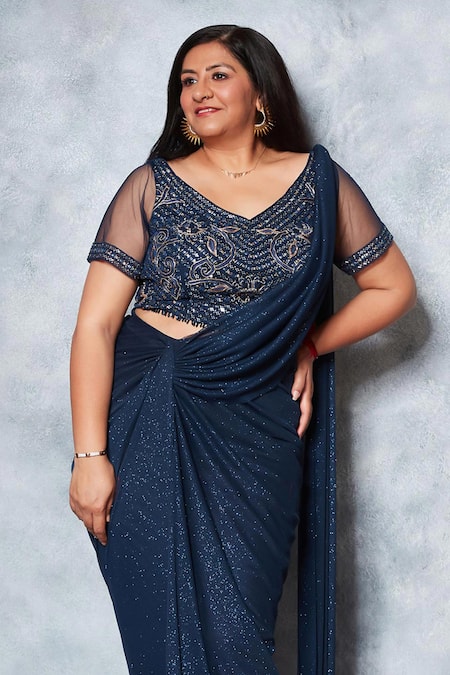 Saaj By Ankita_Blue Jersey Mirrors, Sequins, Glitter Pre-draped Saree With Embellished Blouse _Online_at_Aza_Fashions