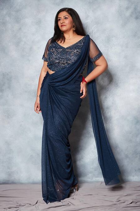 Buy_Saaj By Ankita_Blue Jersey Mirrors, Sequins, Glitter Pre-draped Saree With Embellished Blouse _Online_at_Aza_Fashions
