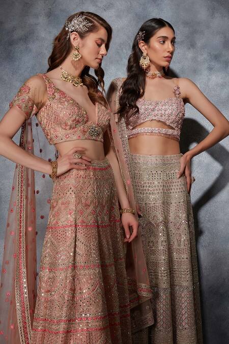 Buy_Saaj By Ankita_Pink Tulle Embroidery, Zari, Mirrors Embellished Bridal Lehenga Blouse Set _Online_at_Aza_Fashions