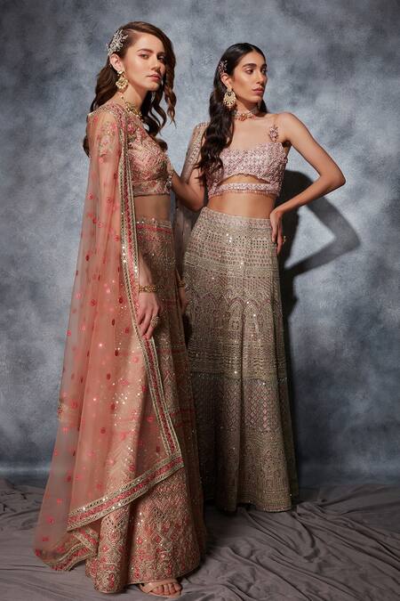 Shop_Saaj By Ankita_Pink Tulle Embroidery, Zari, Mirrors Embellished Bridal Lehenga Blouse Set _Online_at_Aza_Fashions