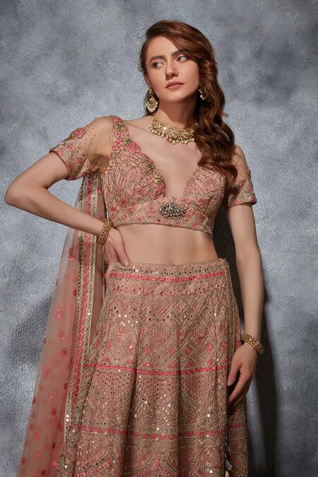 Saaj By Ankita_Pink Tulle Embroidery, Zari, Mirrors Embellished Bridal Lehenga Blouse Set _at_Aza_Fashions