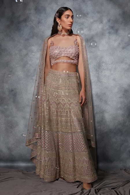 Shop Saaj By Ankita Purple Tulle Embroidery, Mirrors, Zari Embellished Kalidar Lehenga Blouse Set at Aza Fashions Shop_Saaj By Ankita_Purple Tulle Embroidery, Mirrors, Zari Embellished Kalidar Lehenga Blouse Set _at_Aza_Fashions