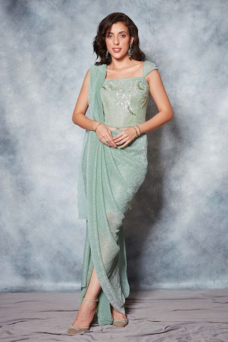 Saaj By Ankita Green Georgette Sequins, Textured Pre-draped Saree With Mesh Corset Blouse Online at Aza Fashions Saaj By Ankita_Green Georgette Sequins, Textured Pre-draped Saree With Mesh Corset Blouse _Online_at_Aza_Fashions