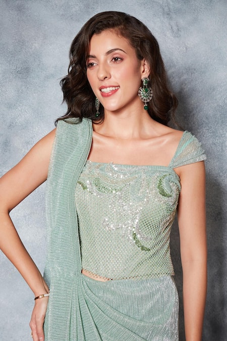 Buy Saaj By Ankita Green Georgette Sequins, Textured Pre-draped Saree With Mesh Corset Blouse Online at Aza Fashions Buy_Saaj By Ankita_Green Georgette Sequins, Textured Pre-draped Saree With Mesh Corset Blouse _Online_at_Aza_Fashions