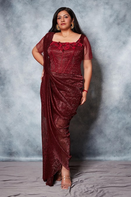 Saaj by Ankita Maroon Crinkle Metallic Georgette Textured Pre-draped Saree With Corset Blouse 