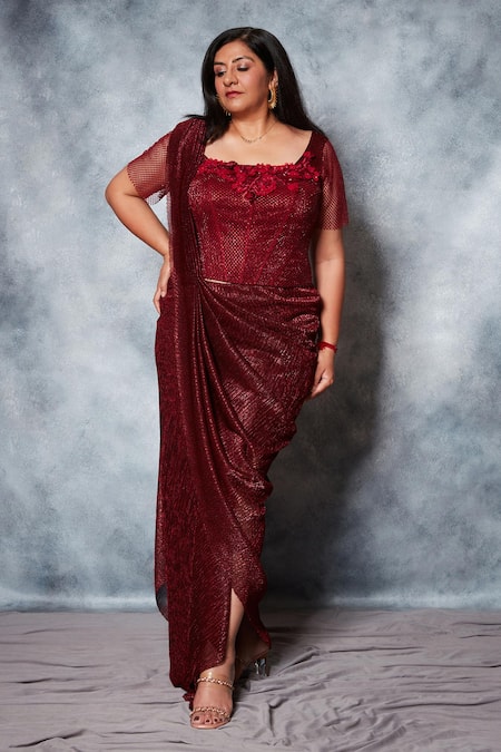 Saaj By Ankita_Maroon Georgette, Crepe Sequins, Textured Pre-draped Saree With Corset Blouse _Online_at_Aza_Fashions