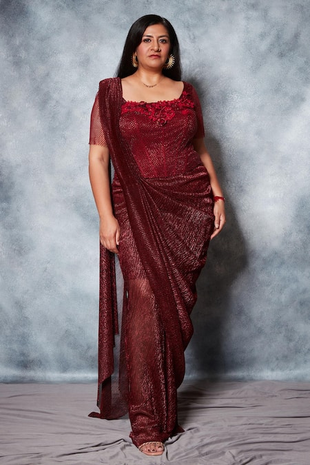 Buy_Saaj By Ankita_Maroon Georgette, Crepe Sequins, Textured Pre-draped Saree With Corset Blouse _Online_at_Aza_Fashions