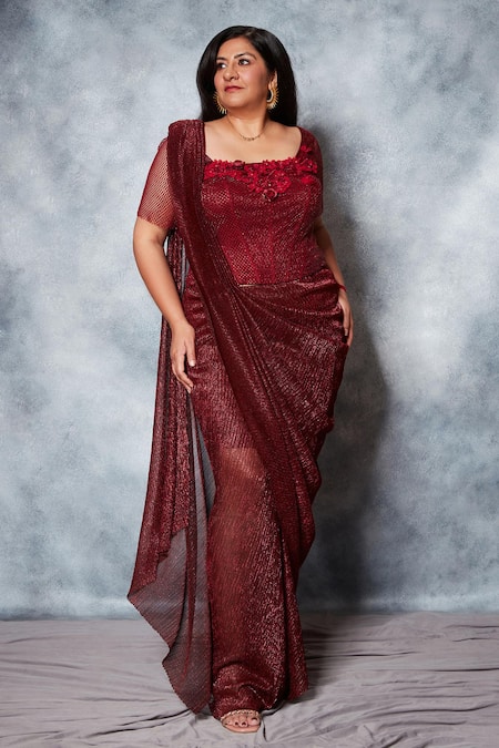 Shop_Saaj By Ankita_Maroon Georgette, Crepe Sequins, Textured Pre-draped Saree With Corset Blouse _Online_at_Aza_Fashions