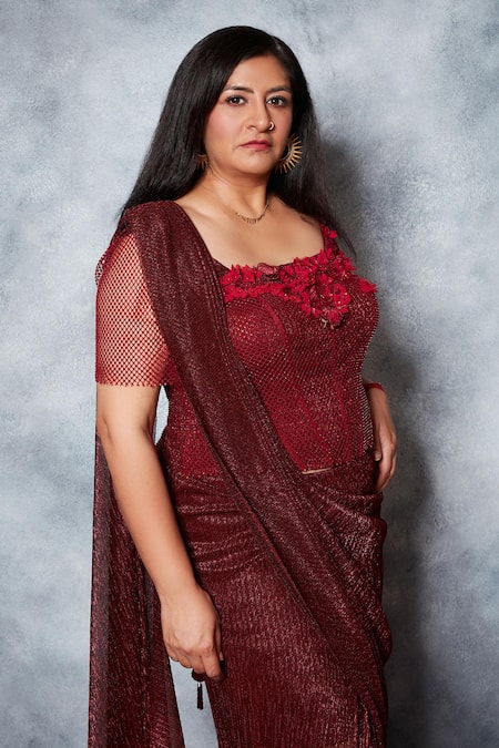 Saaj By Ankita_Maroon Georgette, Crepe Sequins, Textured Pre-draped Saree With Corset Blouse _at_Aza_Fashions