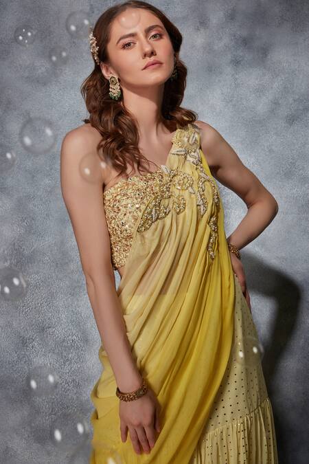 Buy_Saaj By Ankita_Green Georgette Polka Dot Embellished Sharara With Drape Attached Blouse _Online_at_Aza_Fashions