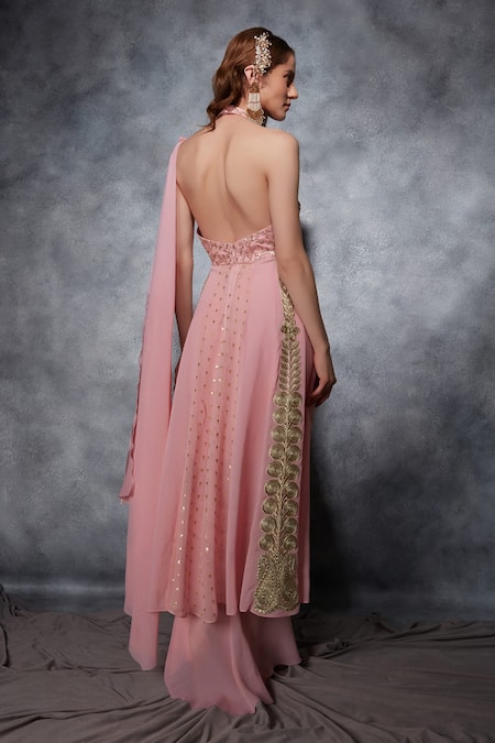 Shop Saaj By Ankita Pink Georgette Embellished Zari Sweetheart Asymmetric Draped Top With Skirt at Aza Fashions Shop_Saaj By Ankita_Pink Georgette Embellished Zari Sweetheart Asymmetric Draped Top With Skirt _at_Aza_Fashions