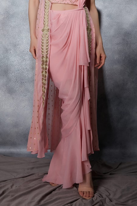 Saaj By Ankita Pink Georgette Embellished Zari Sweetheart Asymmetric Draped Top With Skirt Online at Aza Fashions Saaj By Ankita_Pink Georgette Embellished Zari Sweetheart Asymmetric Draped Top With Skirt _Online_at_Aza_Fashions