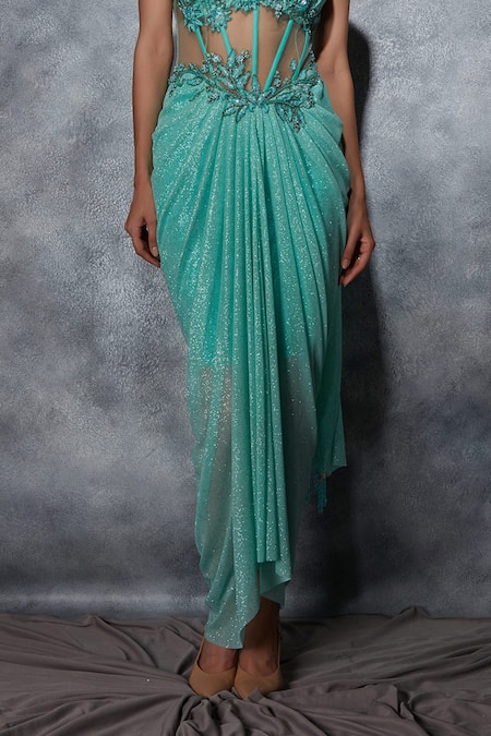 Saaj By Ankita_Green Jersey Mirrors, Beads, Embroidery Glitter Draped Corset Saree Gown _Online_at_Aza_Fashions