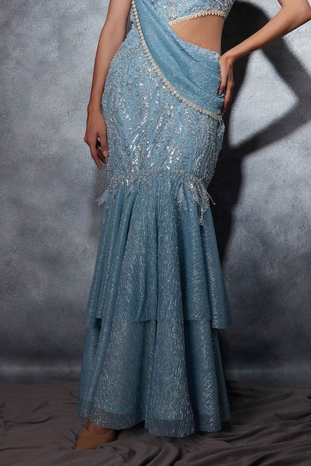 Saaj By Ankita_Sky Blue Crepe, Georgette Beads, Sequins Layered Mermaid Cut Saree Gown _Online_at_Aza_Fashions