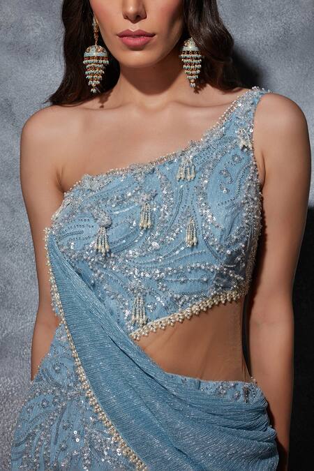 Buy_Saaj By Ankita_Sky Blue Crepe, Georgette Beads, Sequins Layered Mermaid Cut Saree Gown _Online_at_Aza_Fashions