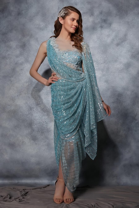 Saaj By Ankita_Sky Blue Net Sequins, Crystals High Neck 3d Embellished Draped Saree Gown _Online_at_Aza_Fashions