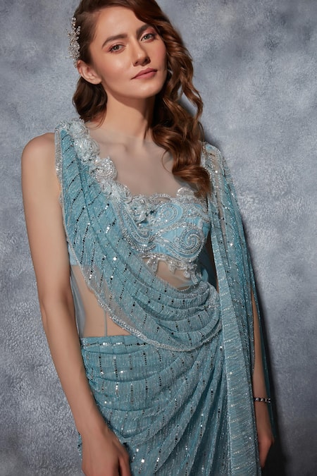 Buy_Saaj By Ankita_Sky Blue Net Sequins, Crystals High Neck 3d Embellished Draped Saree Gown _Online_at_Aza_Fashions