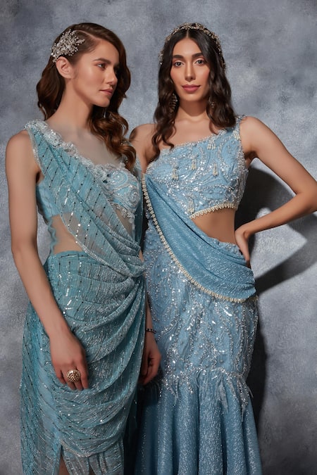 Shop_Saaj By Ankita_Sky Blue Net Sequins, Crystals High Neck 3d Embellished Draped Saree Gown 