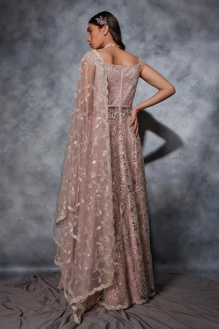 Shop Saaj By Ankita Pink Georgette Sequins, Beads, Jaal Embellished Asymmetric Jacket Lehenga Set at Aza Fashions Shop_Saaj By Ankita_Pink Georgette Sequins, Beads, Jaal Embellished Asymmetric Jacket Lehenga Set _at_Aza_Fashions