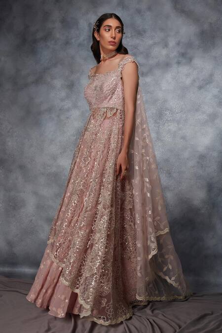 Saaj By Ankita Pink Georgette Sequins, Beads, Jaal Embellished Asymmetric Jacket Lehenga Set Online at Aza Fashions Saaj By Ankita_Pink Georgette Sequins, Beads, Jaal Embellished Asymmetric Jacket Lehenga Set _Online_at_Aza_Fashions