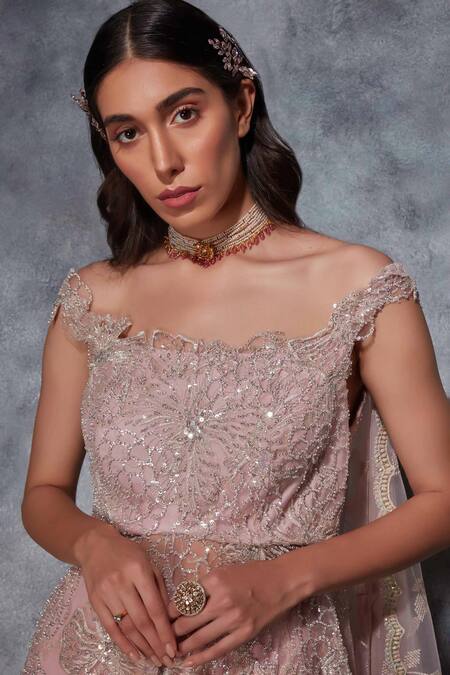 Shop Saaj By Ankita Pink Georgette Sequins, Beads, Jaal Embellished Asymmetric Jacket Lehenga Set Online at Aza Fashions Shop_Saaj By Ankita_Pink Georgette Sequins, Beads, Jaal Embellished Asymmetric Jacket Lehenga Set _Online_at_Aza_Fashions