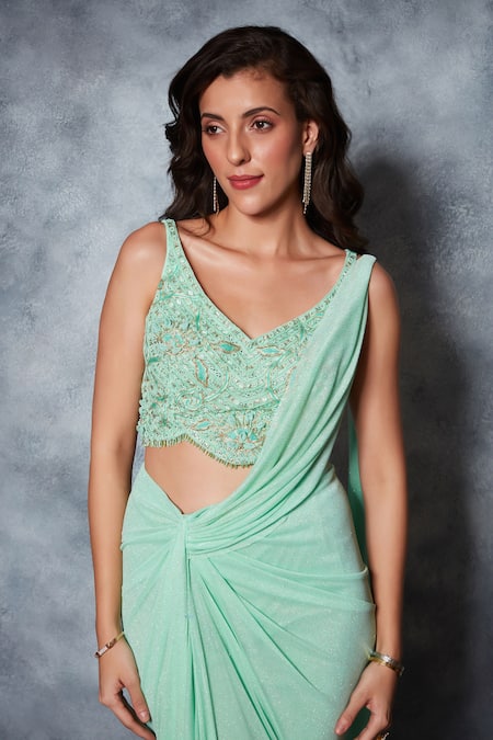 Buy Saaj By Ankita Blue Jersey Beads, Mirrors V-neck Glitter Pre-draped Saree Set Online at Aza Fashions Buy_Saaj By Ankita_Blue Jersey Beads, Mirrors V-neck Glitter Pre-draped Saree Set _Online_at_Aza_Fashions