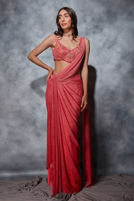 Saaj By Ankita Red Jersey Beads, Mirrors, Sequins V-neck Glitter Pre-draped Saree With Blouse Online at Aza Fashions Saaj By Ankita_Red Jersey Beads, Mirrors, Sequins V-neck Glitter Pre-draped Saree With Blouse _Online_at_Aza_Fashions