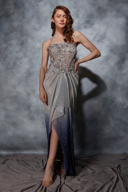 Saaj by Ankita Grey Crinkled Metallic Georgette Embroidered Pearl Corset And Thread Gown 