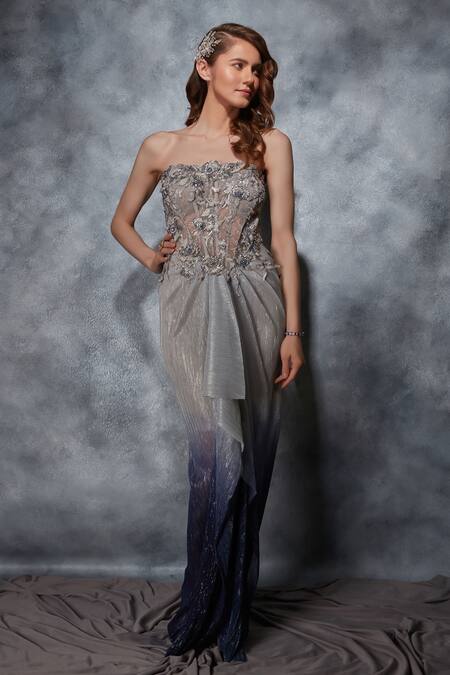 Saaj By Ankita Grey Georgette Pearls, Embroidery Off-shoulder Corset And Thread Gown Online at Aza Fashions Saaj By Ankita_Grey Georgette Pearls, Embroidery Off-shoulder Corset And Thread Gown _Online_at_Aza_Fashions