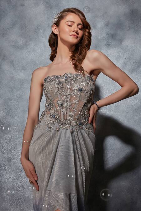 Buy Saaj By Ankita Grey Georgette Pearls, Embroidery Off-shoulder Corset And Thread Gown Online at Aza Fashions Buy_Saaj By Ankita_Grey Georgette Pearls, Embroidery Off-shoulder Corset And Thread Gown _Online_at_Aza_Fashions