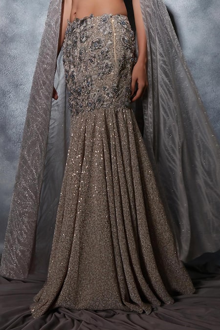 Saaj By Ankita_Grey Georgette Crystals, Pearls, Sequins Mermaid Crinkled Lehenga Set _Online_at_Aza_Fashions