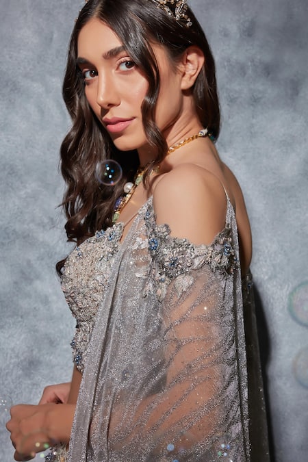 Buy_Saaj By Ankita_Grey Georgette Crystals, Pearls, Sequins Mermaid Crinkled Lehenga Set _Online_at_Aza_Fashions