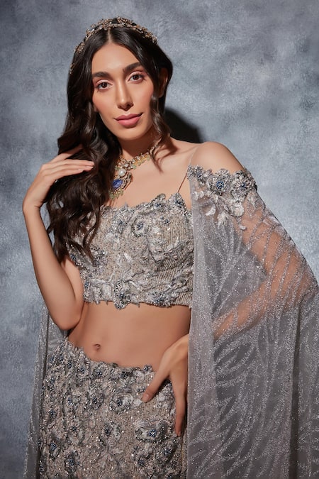 Shop_Saaj By Ankita_Grey Georgette Crystals, Pearls, Sequins Mermaid Crinkled Lehenga Set _Online_at_Aza_Fashions