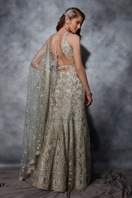 Shop Saaj By Ankita Green Tulle Embroidery, Zari, Crystals V-neck Mermaid Cut Lehenga Set at Aza Fashions Shop_Saaj By Ankita_Green Tulle Embroidery, Zari, Crystals V-neck Mermaid Cut Lehenga Set _at_Aza_Fashions