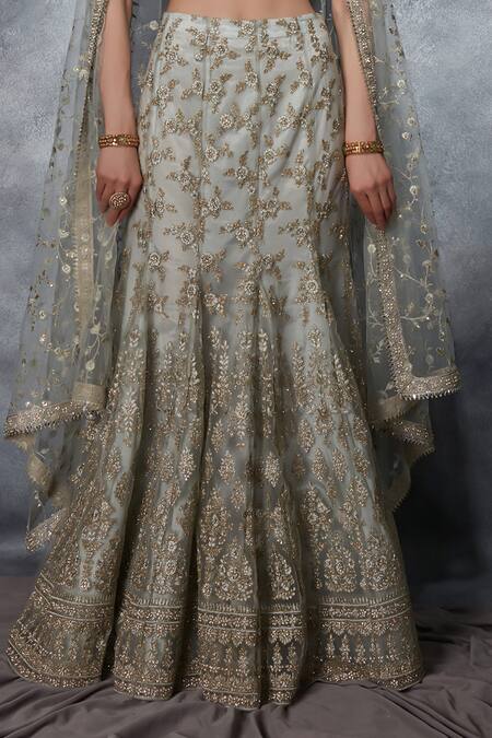 Saaj By Ankita Green Tulle Embroidery, Zari, Crystals V-neck Mermaid Cut Lehenga Set Online at Aza Fashions Saaj By Ankita_Green Tulle Embroidery, Zari, Crystals V-neck Mermaid Cut Lehenga Set _Online_at_Aza_Fashions