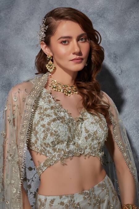 Buy Saaj By Ankita Green Tulle Embroidery, Zari, Crystals V-neck Mermaid Cut Lehenga Set Online at Aza Fashions Buy_Saaj By Ankita_Green Tulle Embroidery, Zari, Crystals V-neck Mermaid Cut Lehenga Set _Online_at_Aza_Fashions