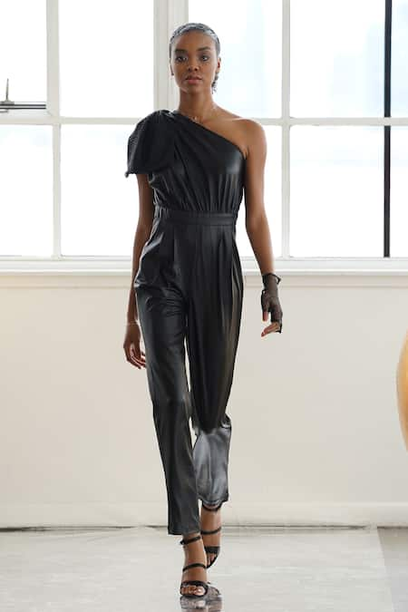 tara and i Black Luxe Lame Embellished Mesh One Shoulder Bow Jumpsuit 