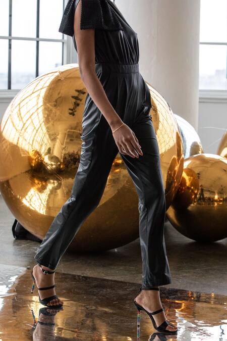 Buy Black Lurex Bows One Shoulder Mesh Embellished Jumpsuit