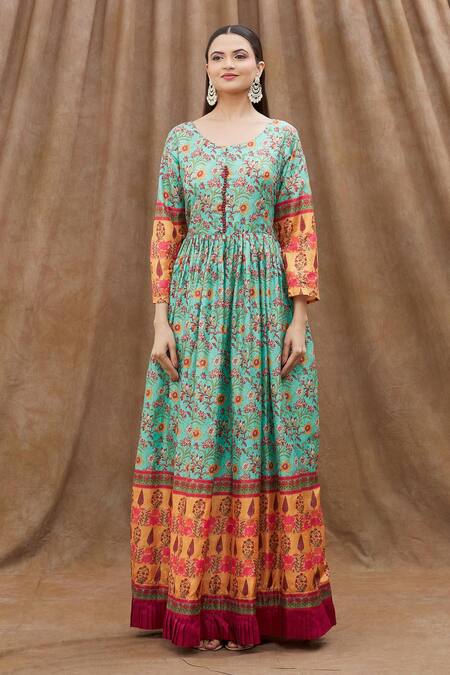 Samyukta Singhania_Green Net Sequins, Embroidery Round Neck And Printed Anarkali Set_Online_at_Aza_Fashions