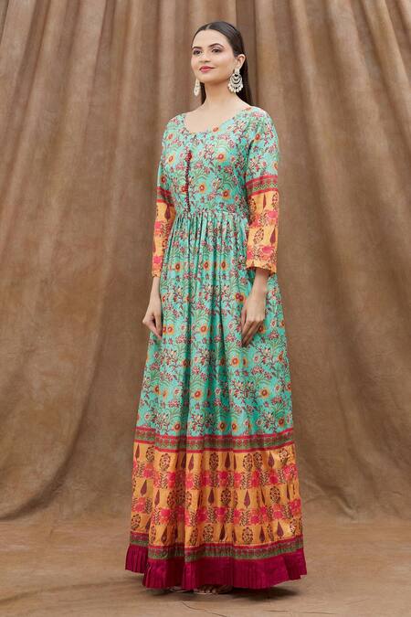 Buy_Samyukta Singhania_Green Net Sequins, Embroidery Round Neck And Printed Anarkali Set_Online_at_Aza_Fashions