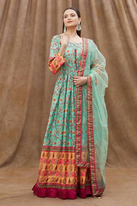 Shop_Samyukta Singhania_Green Net Sequins, Embroidery Round Neck And Printed Anarkali Set_Online_at_Aza_Fashions