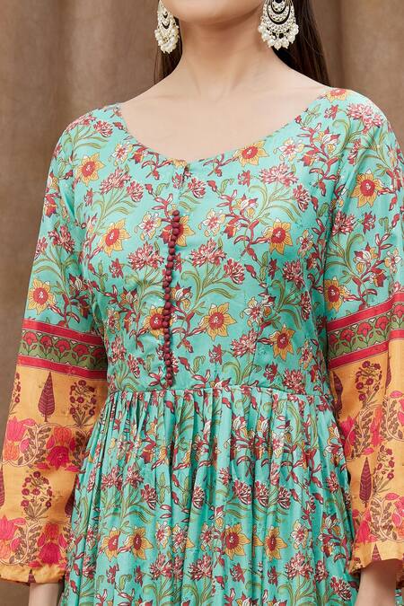 Samyukta Singhania_Green Net Sequins, Embroidery Round Neck And Printed Anarkali Set_at_Aza_Fashions